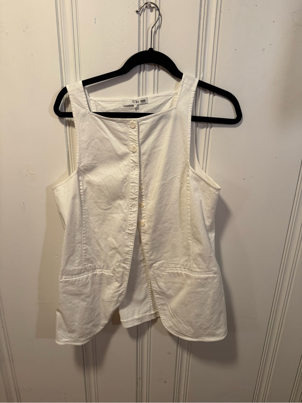 Tibi White Button-Front Cotton Tank with Patch Pockets